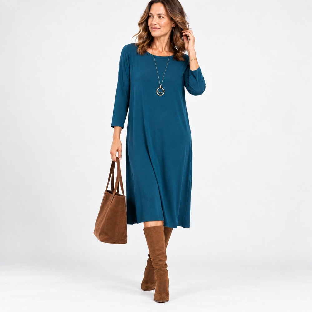 Eileen Fisher Midi Shirt Dress Sz L Teal Tencel Lyocell Stretch 3/4 Sleeve USA